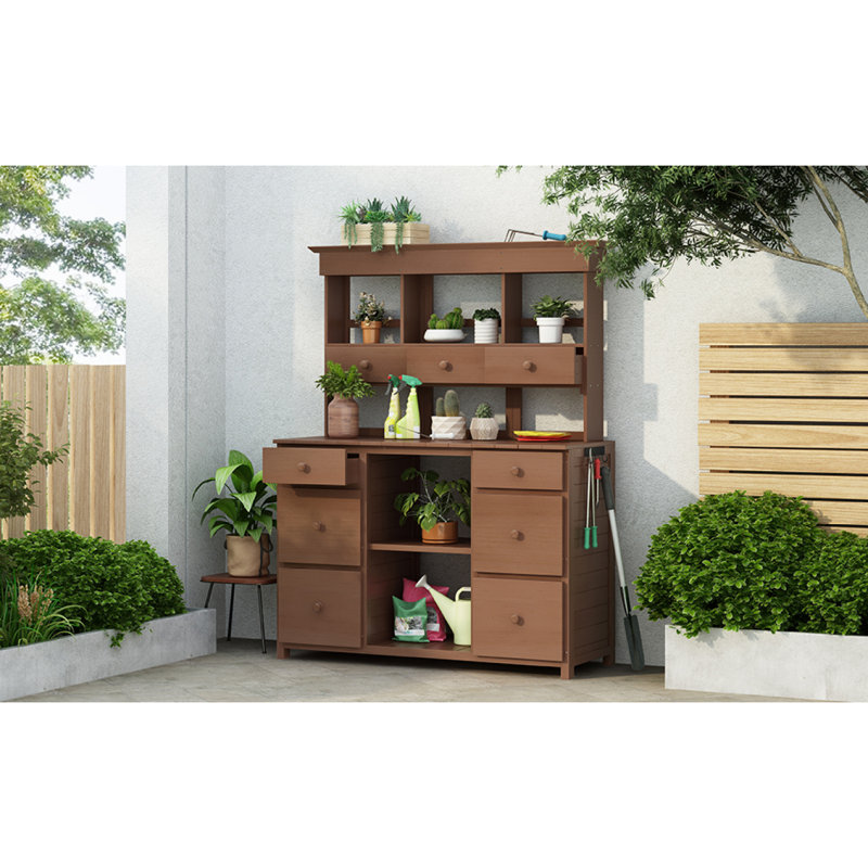 Garden Potting Bench Table, Rustic And Sleek Design With Multiple Drawers And Shelves For Storage, Brown