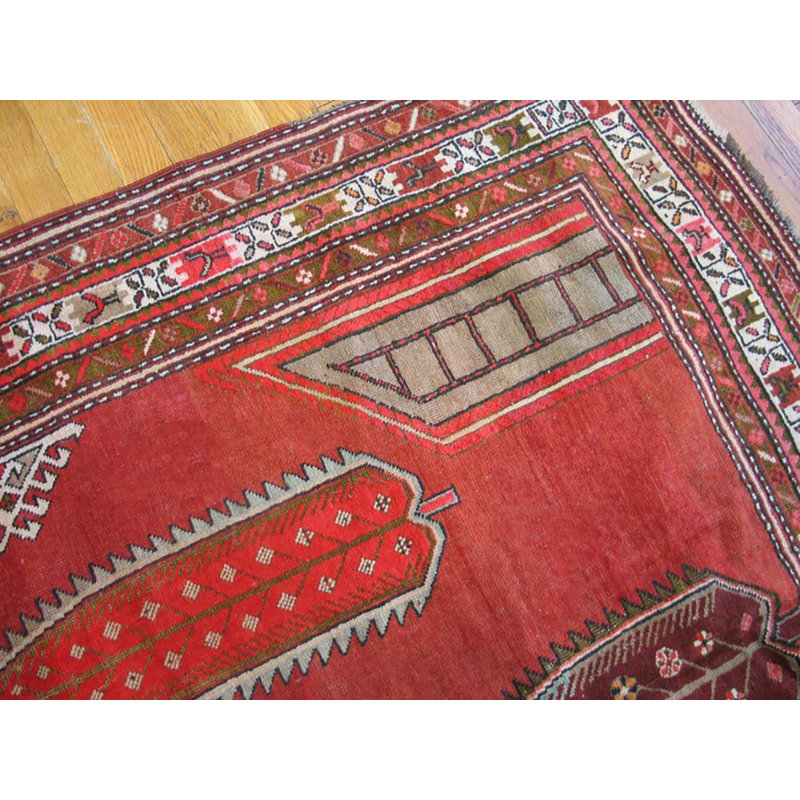Antique Caucasian Geometric Medallion Wool Hand Knotted Pile Coral / Salmon Pink 1900s Rug