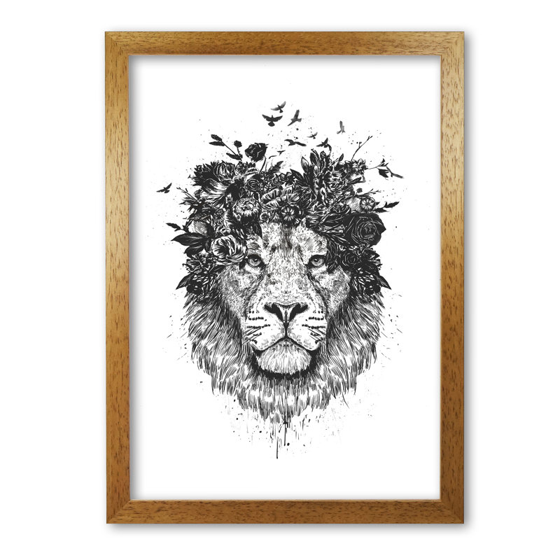 Floral Lion by Mercedes Lopes Charro - Print, Honey Oak, 84 cm H x 59.4 cm W x 5 cm D
