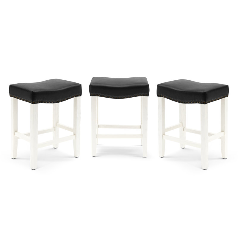 Jameson Upholstered Counter Stool with Solid Wood Frame, Black Leather/White Frame, Counter Stool (24” Seat Height)