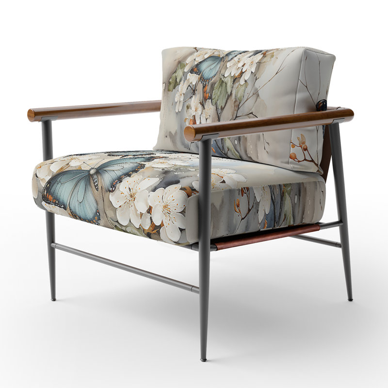 Fauteuil d'appoint rembourré en velours bleu et blanc avec papillon, Noir