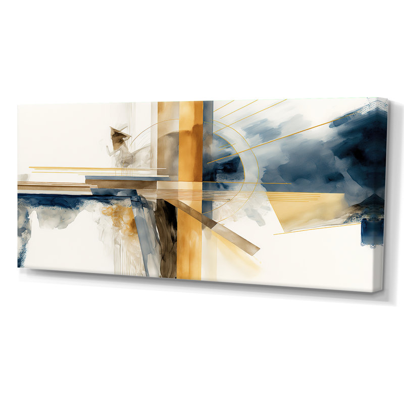 Abstrait moderne bleu et or IV - impressions abstraites sur toile transitionnelle, Toile tendue, H 28 po x l 60 po x P 1,5 po