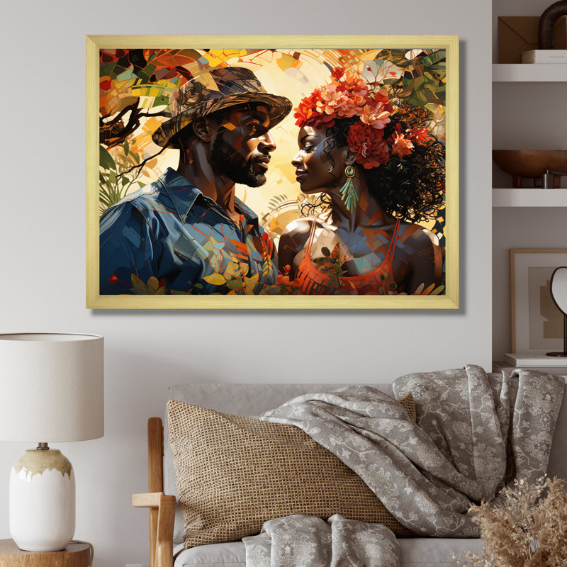 «African Couple Resilient I» - Art mural américain africain, Cadre doré simple, H 30 po x l 40 po x P 1,5 po