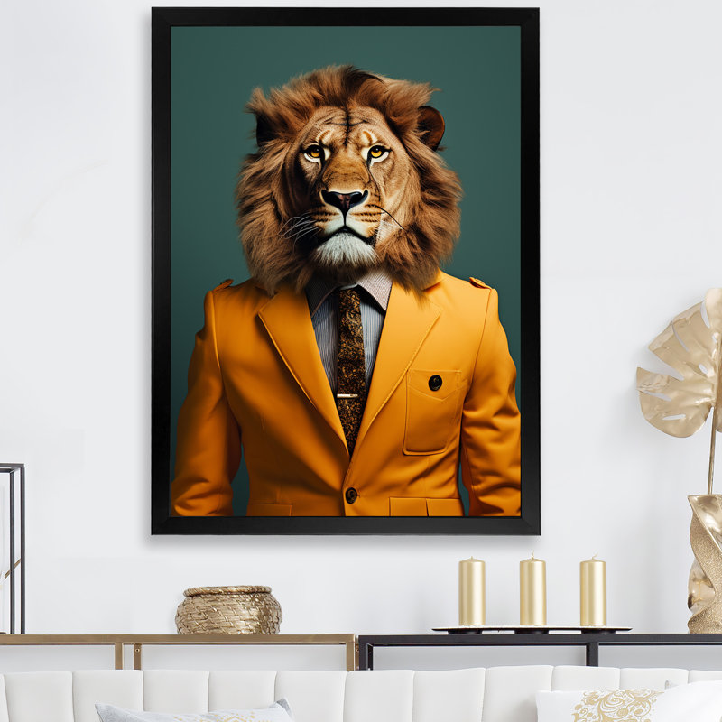 Jaune avec lion II, Cadre simple noir, H 32 po x l 24 po x P 1 po