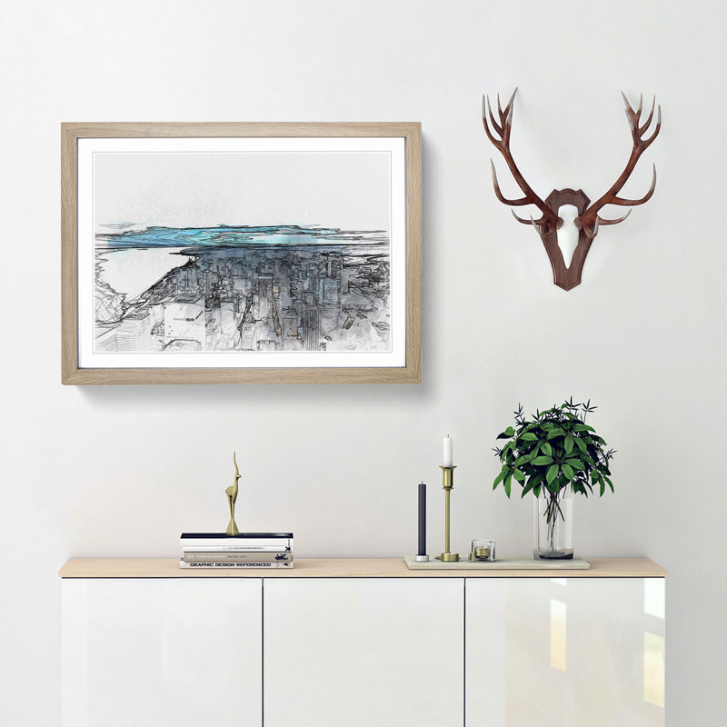 The Seattle Washington Skyline in Abstract - Framed Print, 35cm H x 50cm W x 2cm D, Oak