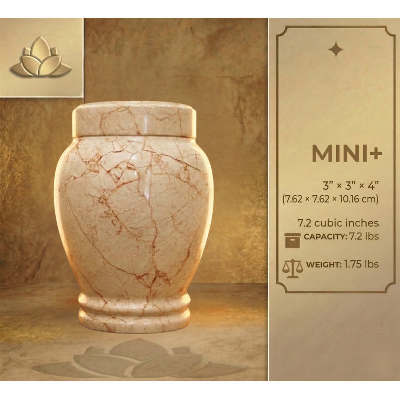 Urne funéraire artisanale en marbre Crema, format mini P+, 7,6 x 7,6 x 10,2 cm, Mini + souvenir (3 po x 3 po x 4 po)