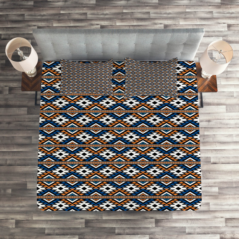 Rustic Geometric Shapes Coverlet, King Bedspread + 2 Shams