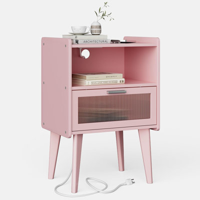 Nightstand With Charging Station, Bedside Tables Pink End Table Side Table With 2 Tiers Storage Space by Mercer41