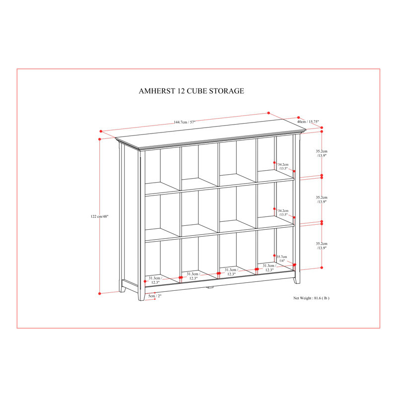 Hickory Brown 57" Solid Wood 12-Cube Storage Bookcase