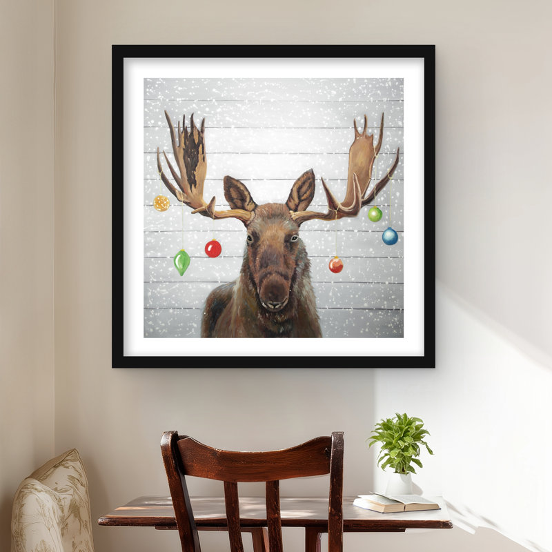 Orignal avec boules de Noël - décor rustique gris encadré, H 24 po x l 24 po