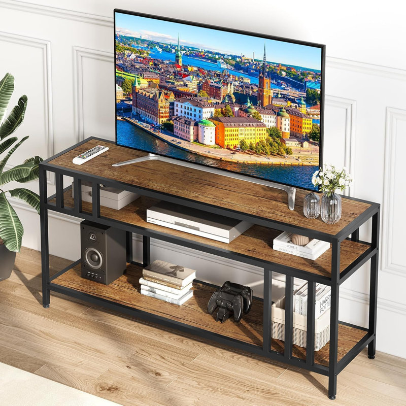 58" TV Stand for TVs up to 65", Entertainment Center with 3-Tier Open Shelves & Metal Frame, Brown