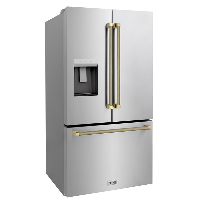 ZLINE Autograph 36 in. Stainless Standard-Depth Fridge w/ Dual Ice Maker & Bronze Helix Handles, Champagne Bronze