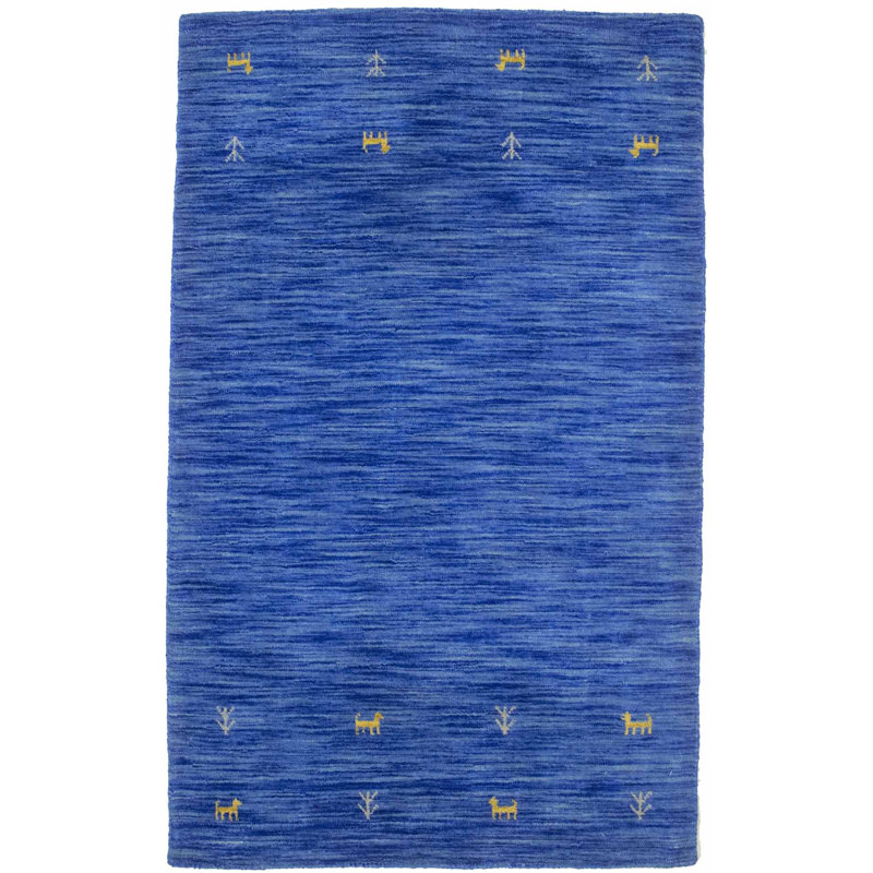 Tapis bleu en laine tissé à la main, Rectangle 4 pi x 6 pi