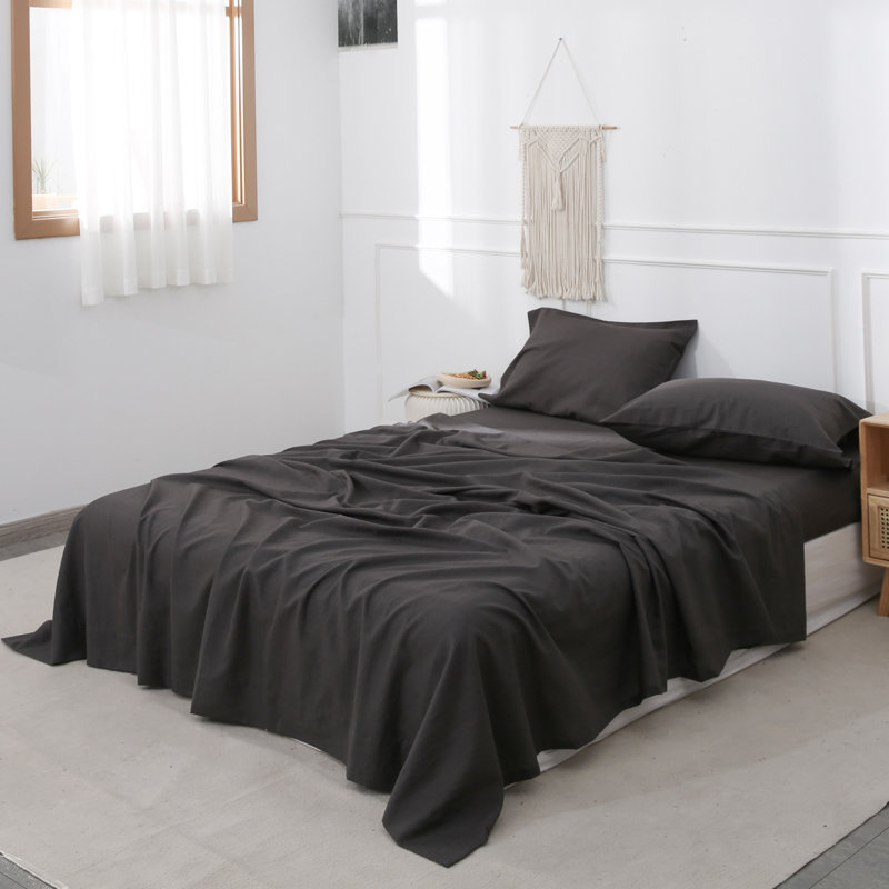 Ensemble de draps en lin, Ensemble de draps pour grand lit avec 2 taies d'or, Gris foncé