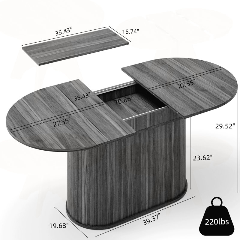 Table de salle à manger extensible en forme d'arc avec des pieds rayés, pouvant accueillir 4 à 6 personnes et convenant au salon ou à la cuisine.