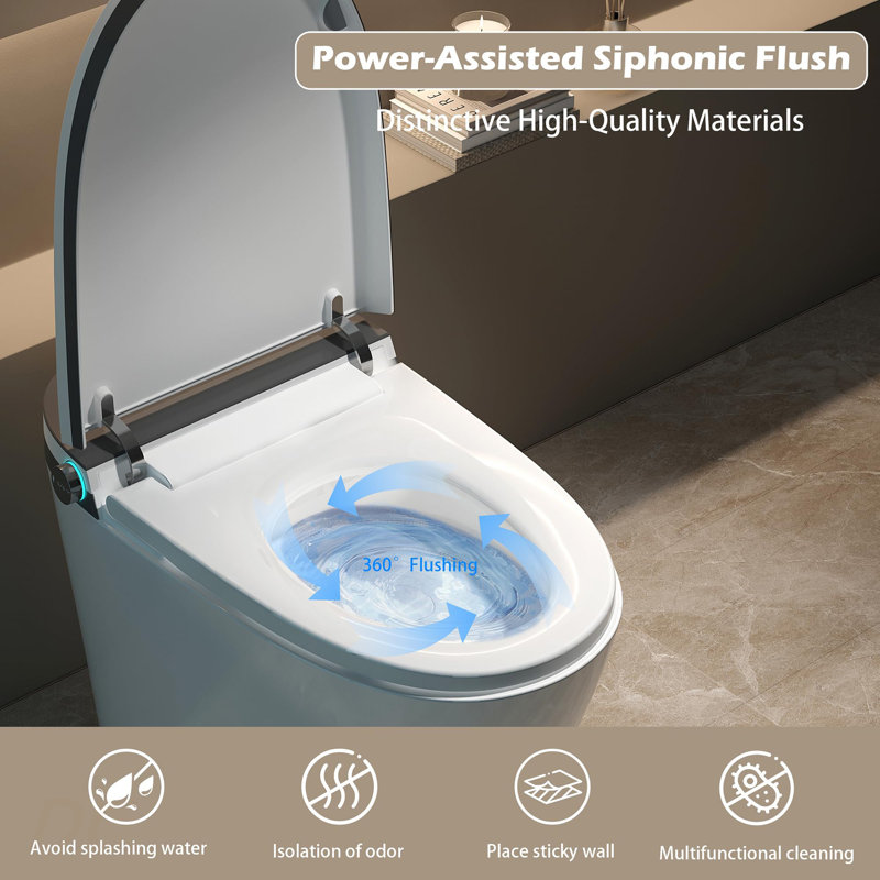Smart Toilet with Bidet Built in, ADA One-Piece Toilet Auto Open/Close & Flush, Heated Seat, Front & Rear Wash, LED Display, Night Light, 12-inch Rough-in ,White with Grey trim