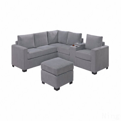 Modern Functional Light Gray Corduroy Upholstered Sectional Set Living Room One Arm Loveseat Wedge Console Ottoman 4Pc Couch Sofa Set