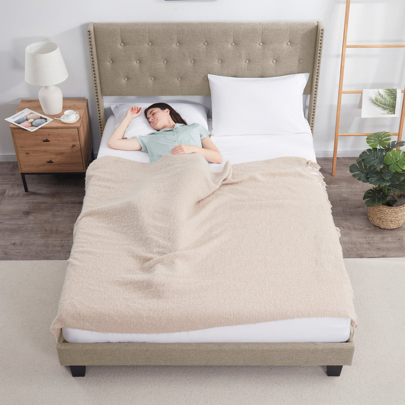 Nestl Wingback Diamond Upholstered Platform Bed, Beige, Queen