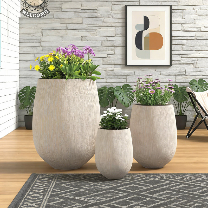 Egg-Shaped Lightweight MGO Outdoor Planter Set of 3, Modern Stone-Look Textured Flower Pots with Drainage Holes and Rubber Plug, Suitable for Patio