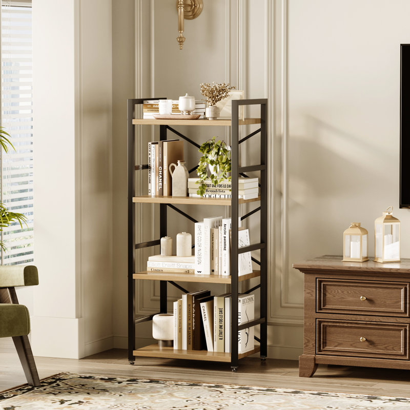 Homeiju Bookshelf, 4 Tier Small Bookcase, Organizers and Storage, Metal Small Bookcase, Rustic Book Shelf Organization and Storage for Living Room, Bedroom, and Home Office(Light Coffee)