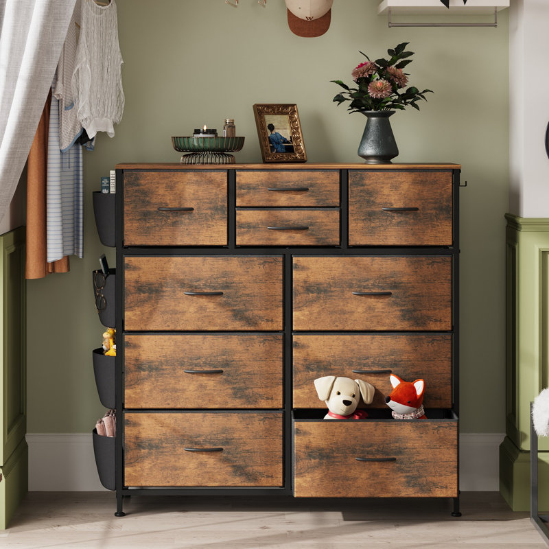 Ojaswi 10-Drawer Dresser With 4 Side Pockets and 2 Hooks for Bedroom, Sturdy Metal Frame Organizer Unit For Living Room, Hallway