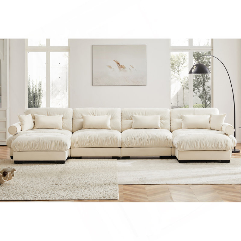 Canapé en velours conforme CAL117, Crème, crème, H 33,4 po x l 166 po x P 37 po