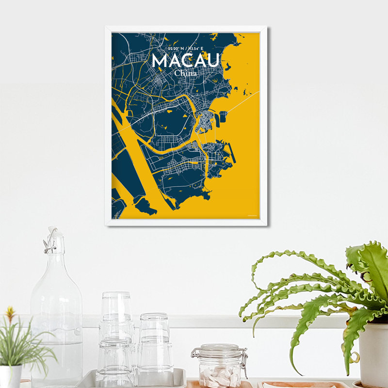 Macau, carte de la ville, impression, Bleu / Jaune, H 20 po x l 16 po
