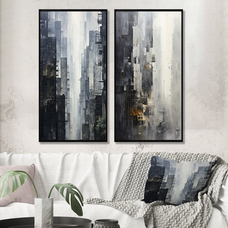 Horizon I - ensemble de 2 décorations murales gratte-ciel gris Skyline, H 28 po x l 25 po, Cadre flottant noir