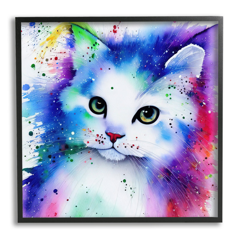 «Bold Kitten Splatter Animal» par Denise Dundon - cadre flottant, impression sur bois, Giclée encadrée noir minuit