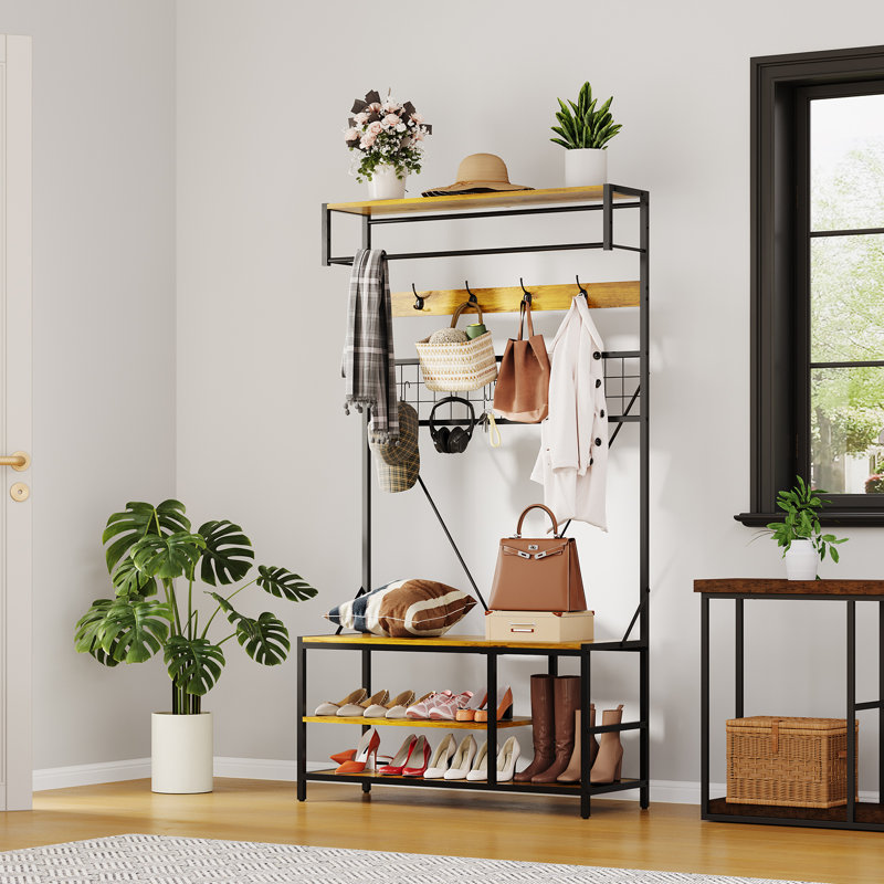 5 in 1 Hall Tree with Bench and Shoe Storage, 39" Entryway Coat Rack with Shoe Bench, Adjustable Shelf, Hanging Rod & 9 Hooks, Coat and Shoe Rack