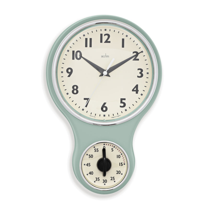 Acctim Kitchen Time Wall Clock Timer Quartz Retro Style Domed Glass Lens 20cm, Sage