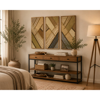 Wooden Handmade Textured Mixed Media Diagonal Geometric Brown Wall Decor Set