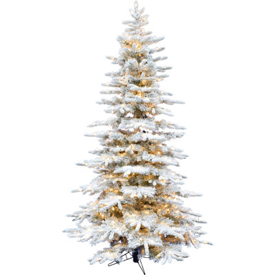 Fraser Hill Farm 7.5 ft. Pine Valley Flocked Artificial Prelit Christmas Tree with White Incandescent Smart Lights and Stand