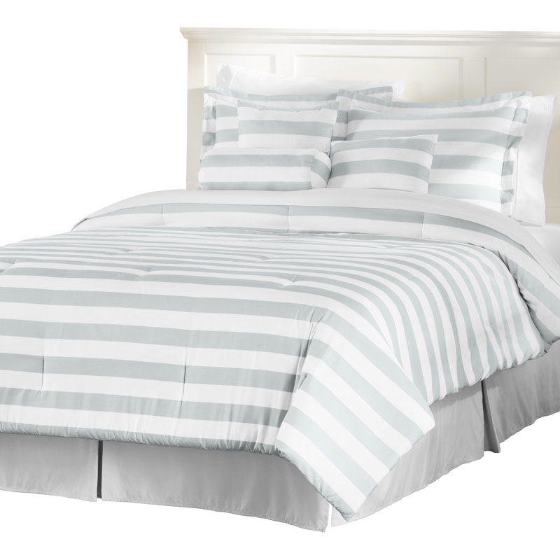 Basics Polyester Standard Striped Comforter, Queen, White / Grey