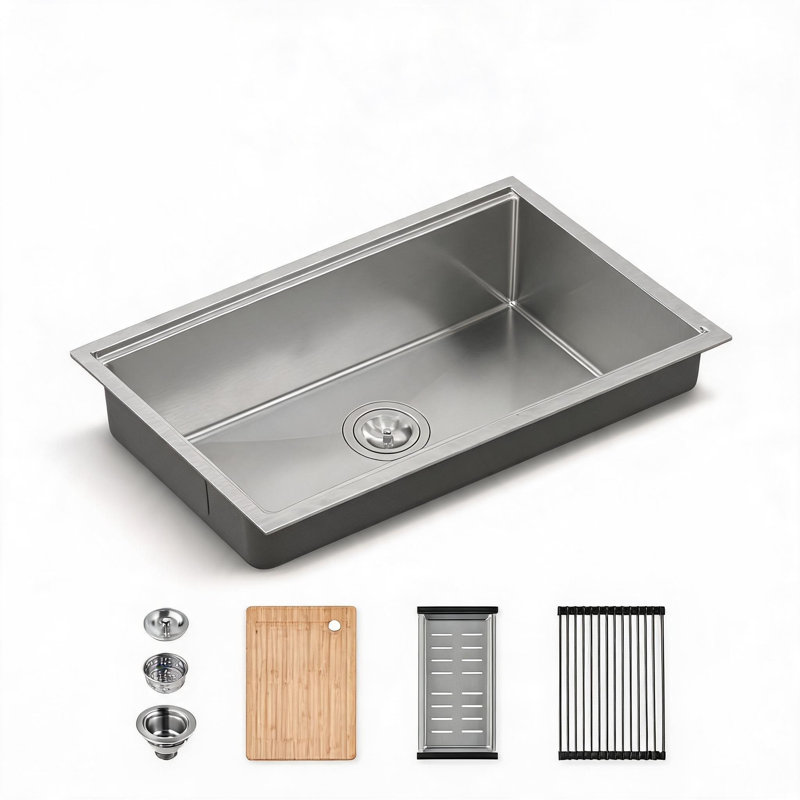 Évier de cuisine à cuve unique encastré sous plan en acier inoxydable gris foncé, 76 cm x 48 cm, avec planche à découper et passoire.