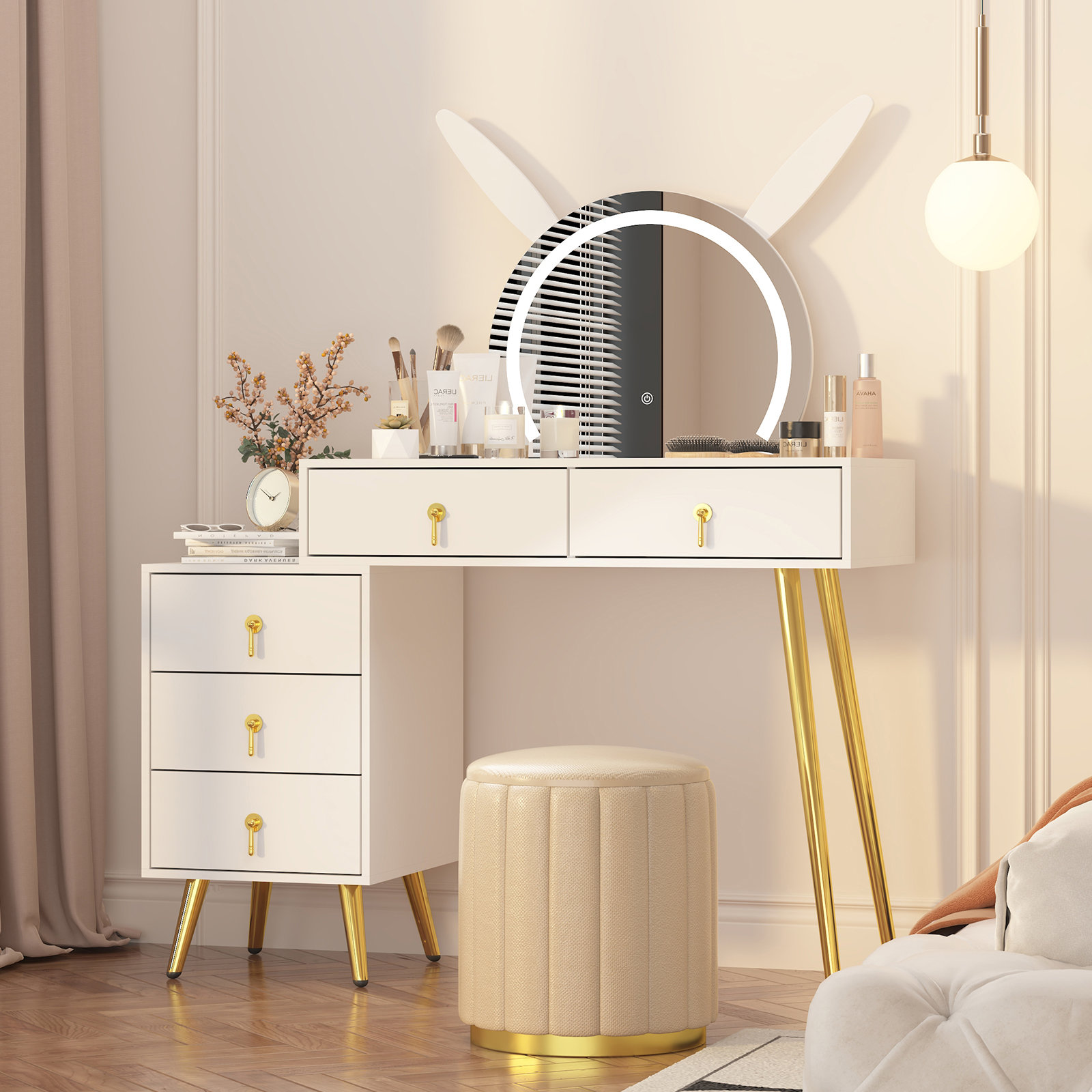 Vanity Desk with Mirror & Lights – Makeup Vanity Elegant Rabbit Ear Design for A Glamorous Makeup Experience