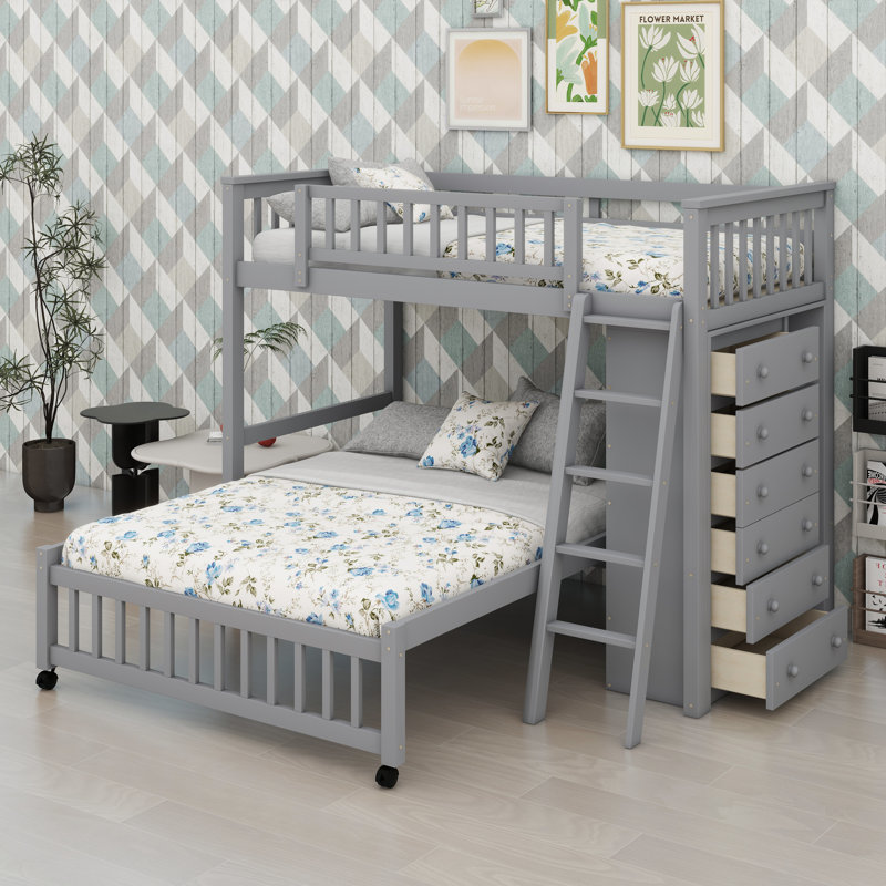 Lit superposé avec tiroirs de rangement, tablettes réglables et lit inférieur mobile, Gris
