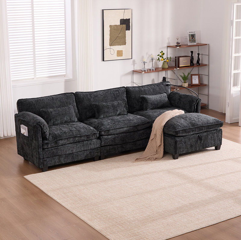Canapé modulaire surdimensionné de 112 po pour salon - canapé en L en chenille moderne, canapé-lit modulaire confortable avec repose-pieds de rangement mobile, support pour téléphone et port de charge USB