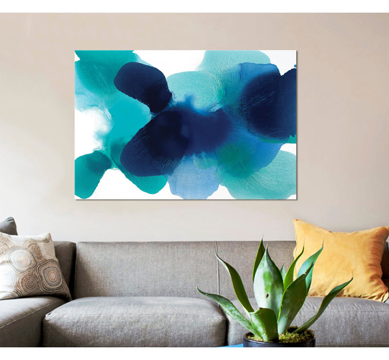« free form blues », impression sur toile, H 26 po x l 40 po x P 1,5 po, Toile tendue, Pas de tapis