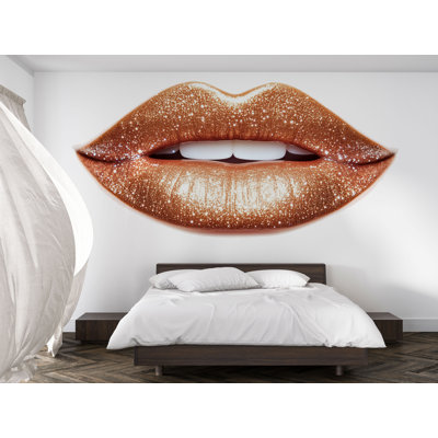 Adhésif décoratif lèvres dorées scintillantes, autocollant mural maquillage étincelant, art mural chambre à coucher glamour, décoration de salon de beauté, murale de meuble-lavabo 577MV