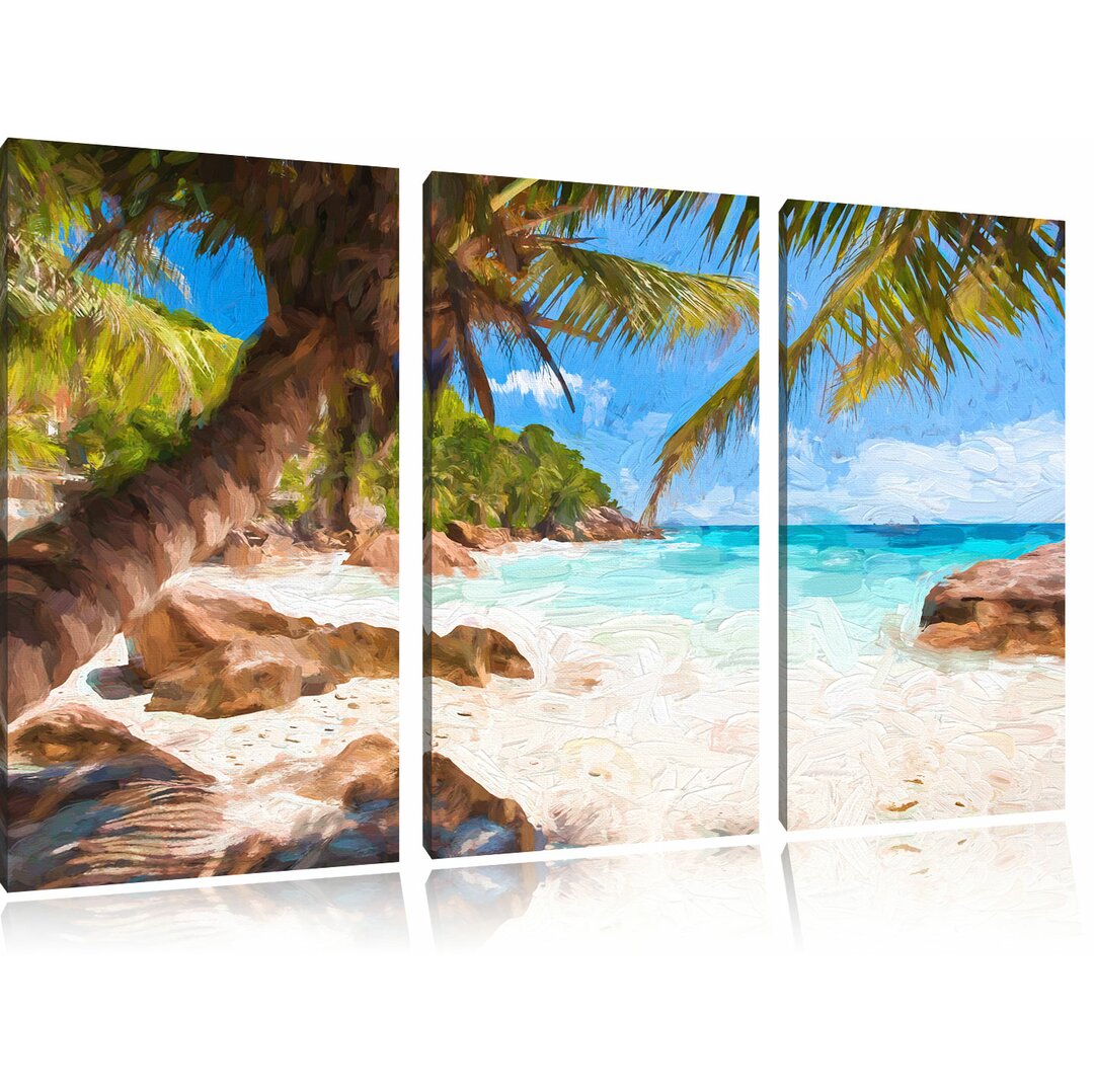 3-tlg. Leinwandbilder-Set „Palmenstrand Seychellen“, Grafikdruck