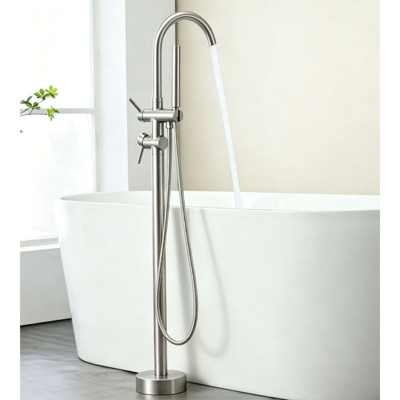 Robinet de baignoire autoportant à fixation au sol avec douche à main, Nickel brossé
