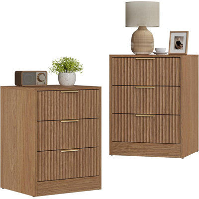 Set Of 2 Wood Nightstand With 3 Storage Drawers, Modern Fluted Night Stand Bedside Table, Bed Side End Table With Golden Handles For Bedroom, Natural Oak