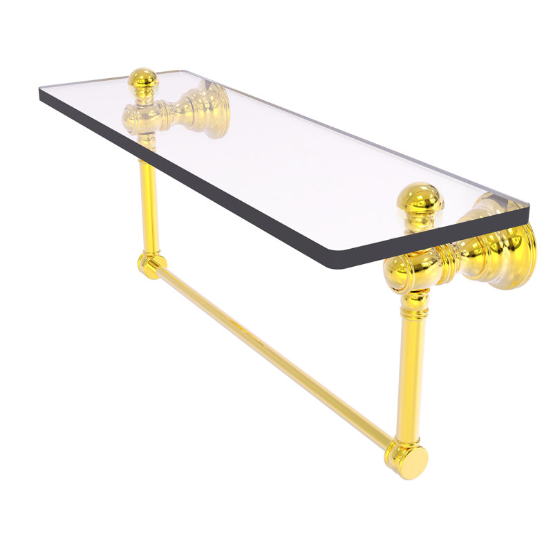 Freyja Glass Accent Shelf with Towel Bar, Polished Brass, 5.54" H x 16" W x 7" D