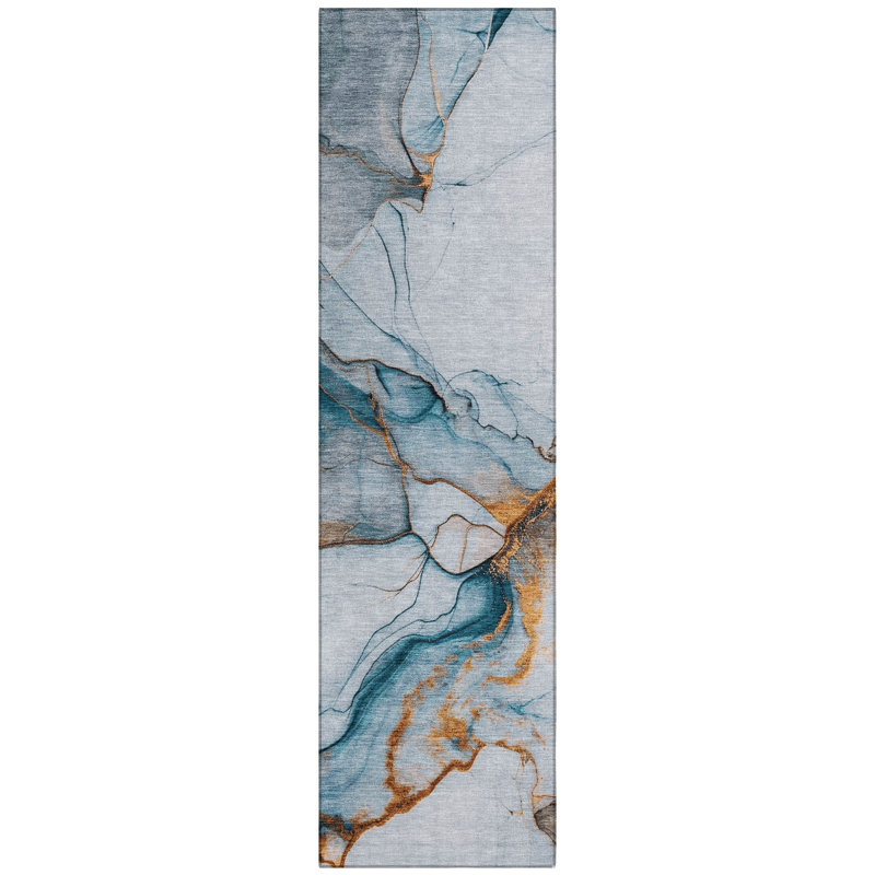 Daeanor Blue Washable Indoor-Outdoor Rug - LOOMLAN, 2'3" x 7'6"