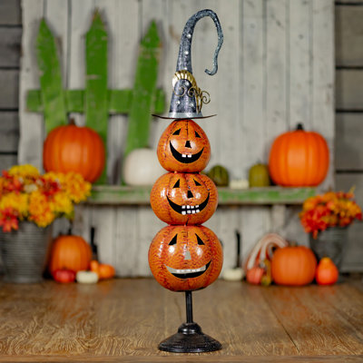 32.75in. Metal Jack-O-Lantern Totem Tower Halloween Decoration with Stand