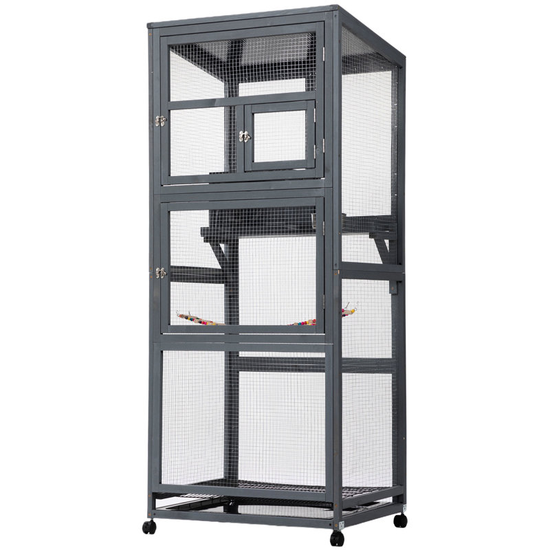 Cage à oiseaux en bois avec roues universelles - gris, un animal de compagnie sûr et heureux