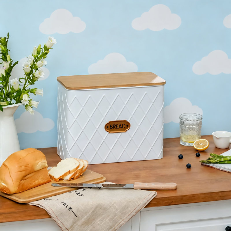 Extra Large Bread Box,Metal White Pattern Embossed Bread Storage Container Bin with Bamboo Lid,(Rhombus)