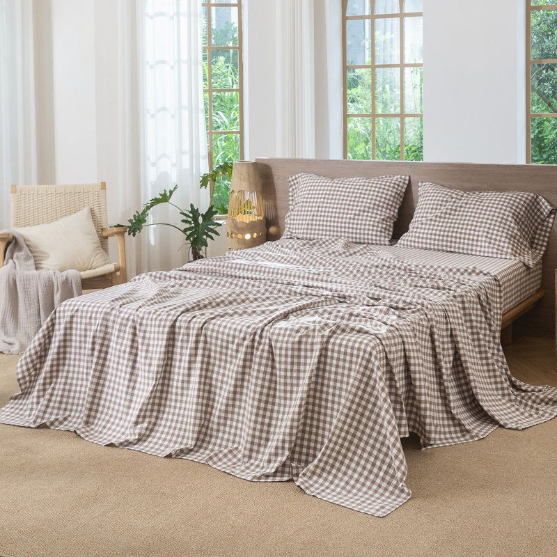 Ensemble de draps 100% coton lavé MooMee, Ensemble de draps pour grand lit avec 2 taies d'or, Mauve clair