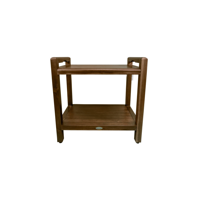 Woodland Brown Teak Shower Bench with LiftAide Arms and Shelf